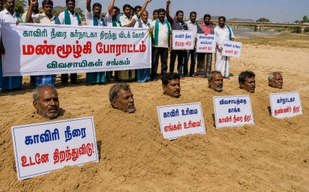 Tamil Nadu: Farmers staged a symbolic sand-burial protest as the Cauvery water dispute intensified. Political developments, including bypoll vote counting, are also in focus.