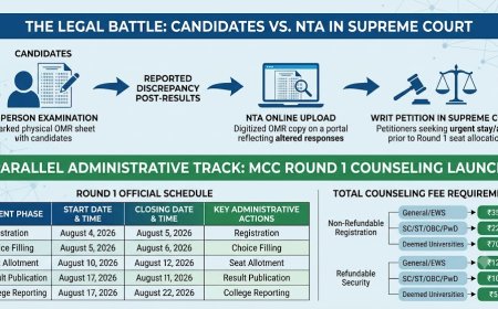 NEET UG 2026: High-scoring NEET UG candidates moved the Supreme Court over alleged discrepancies in response sheets released by the National Testing Agency (NTA). Simultaneously, official Round 1 registration for NEET UG counseling opened today via the Medical Counselling Committee (MCC).
