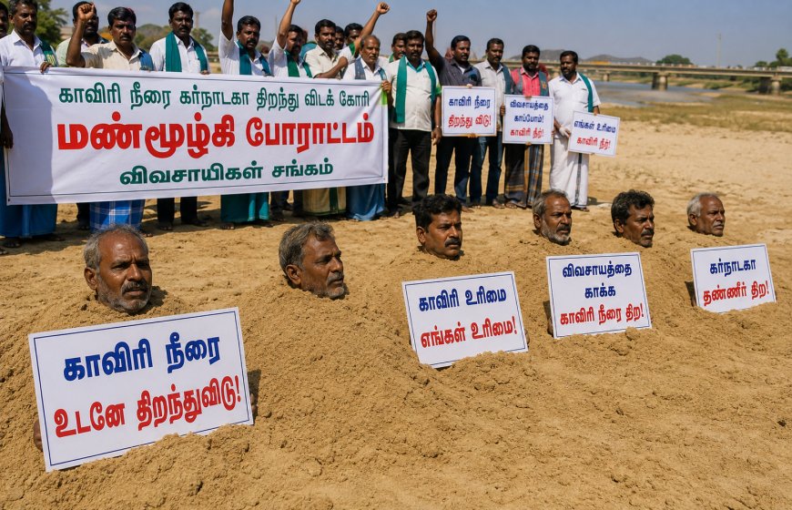 Tamil Nadu: Farmers staged a symbolic sand-burial protest as the Cauvery water dispute intensified. Political developments, including bypoll vote counting, are also in focus.