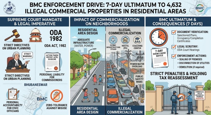 The Bhubaneswar Municipal Corporation (BMC) issued a 7-day ultimatum to over 4,600 residential properties utilizing residential premises for illegal commercial operations.